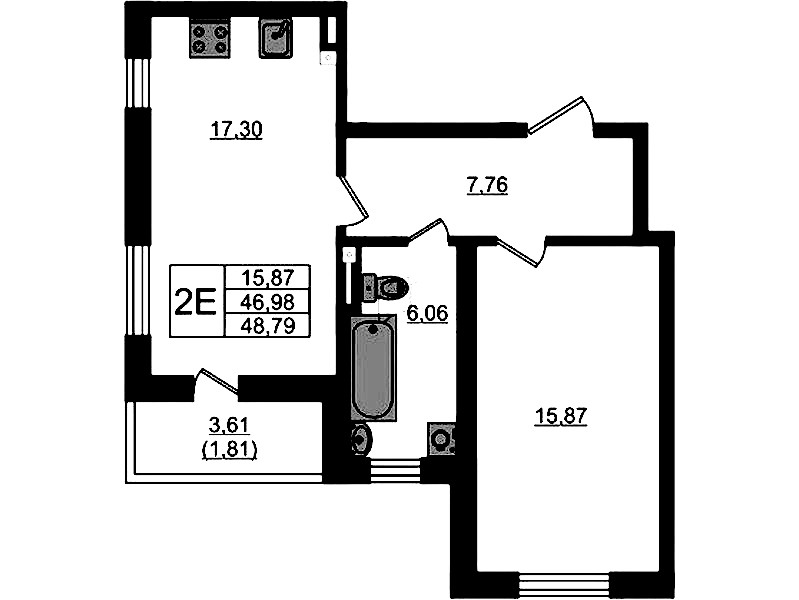 1-комнатная квартира 48.79 м², 2/4 эт., ЖК «Новая история»